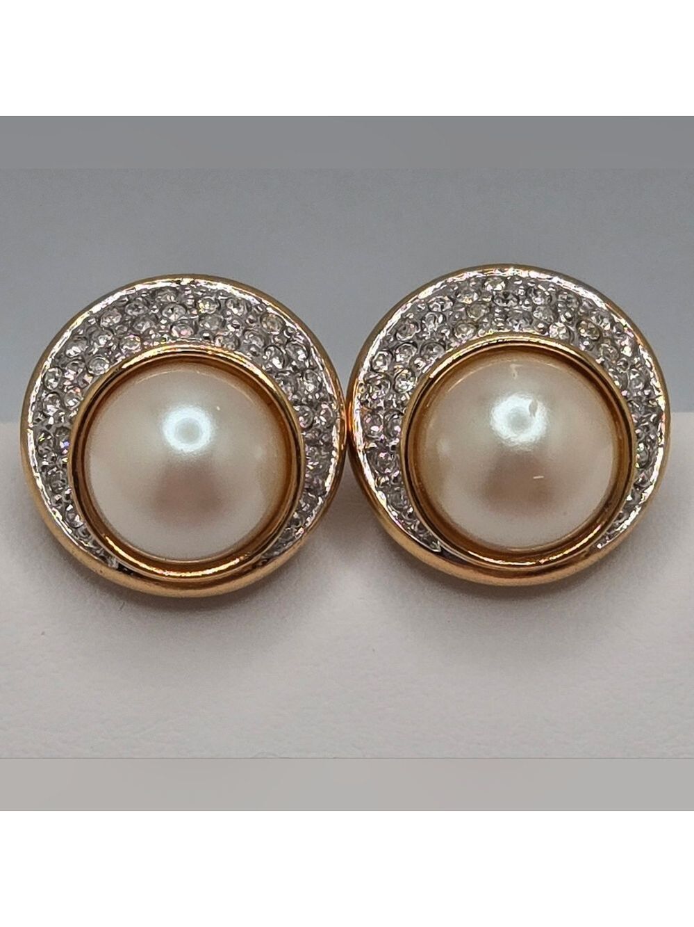 Vintage Monet Faux Pearl & Pave Crystal Clip-On Earrings Gold Tone